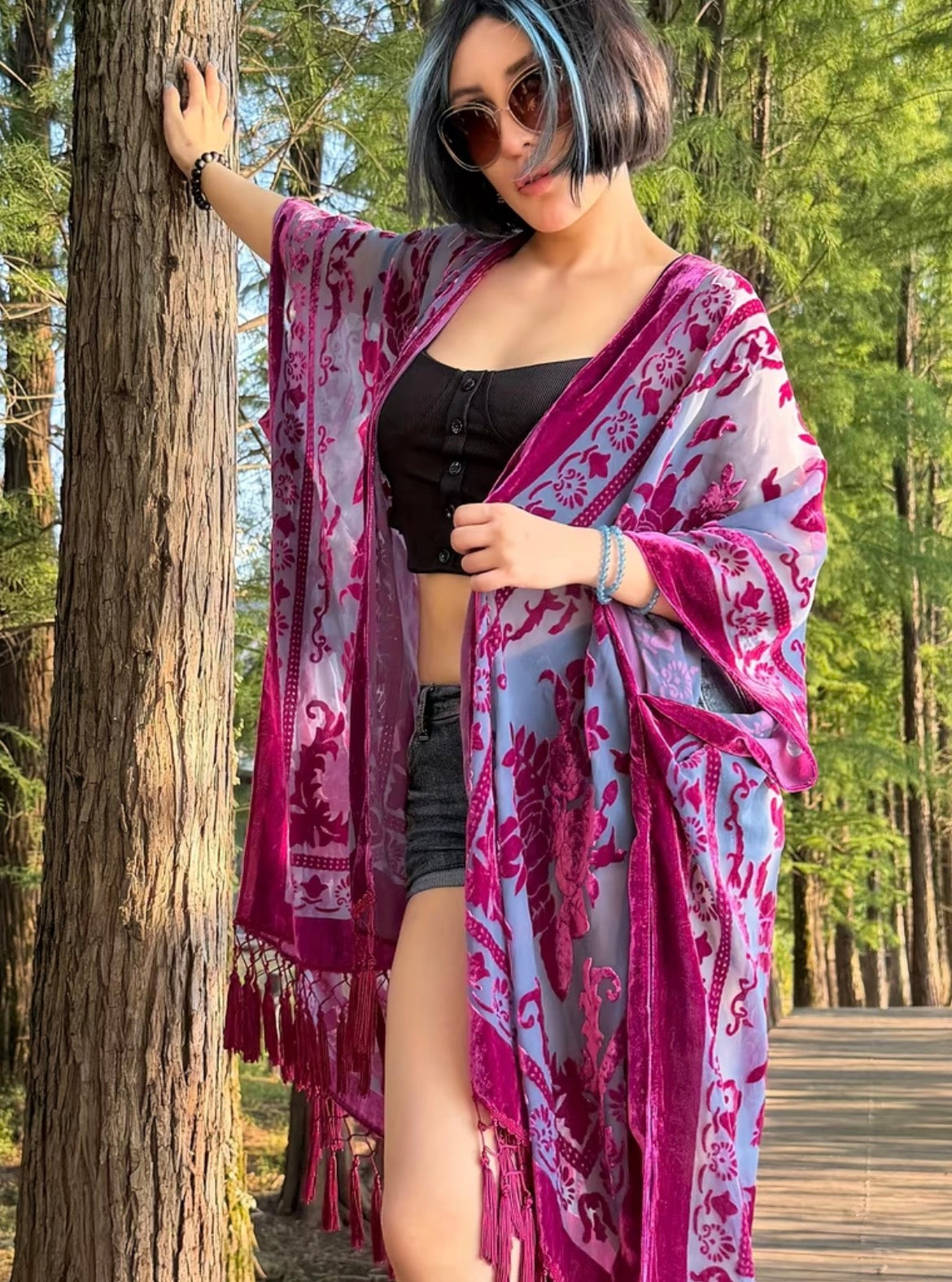 Burnout Velvet Kimono- Violet