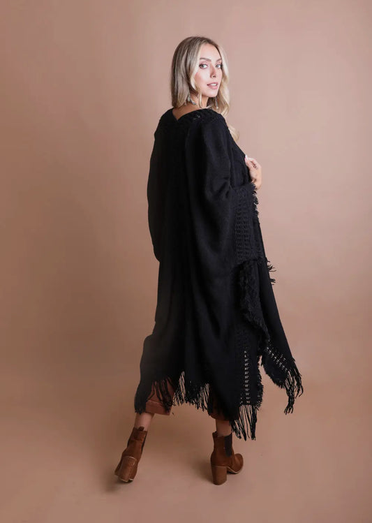 Bohemian Frayed Ruana: Black