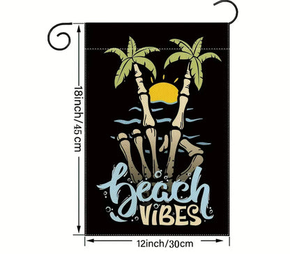 Beach vibes, Garden flag, Coastal, Outdoor decor, Summer, Seaside, Palm trees, Surfboards, Ocean, Tranquility, Relaxation, Weather-resistant, Vibrant colors, Double-sided, Coastal living, Tropical, Vacation, Outdoor oasis, Beachy, Laid-back