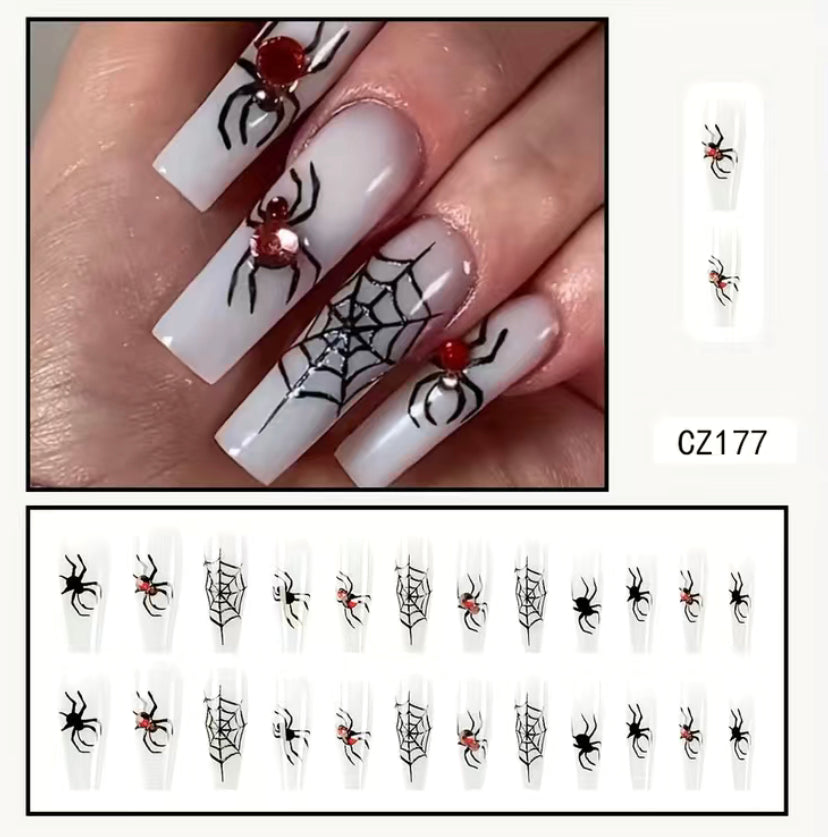Spider Cobweb & Rhinestone Nails