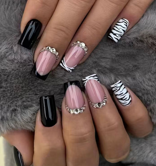 Black And White Striped Nails With Rhinestones