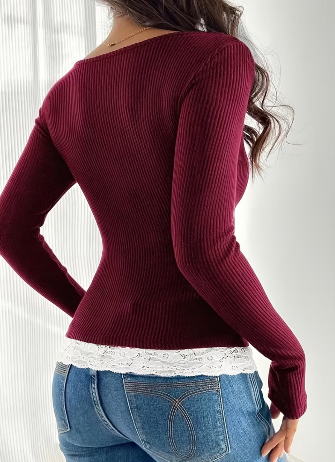 Lace Front Layered Ribbed Long Sleeve