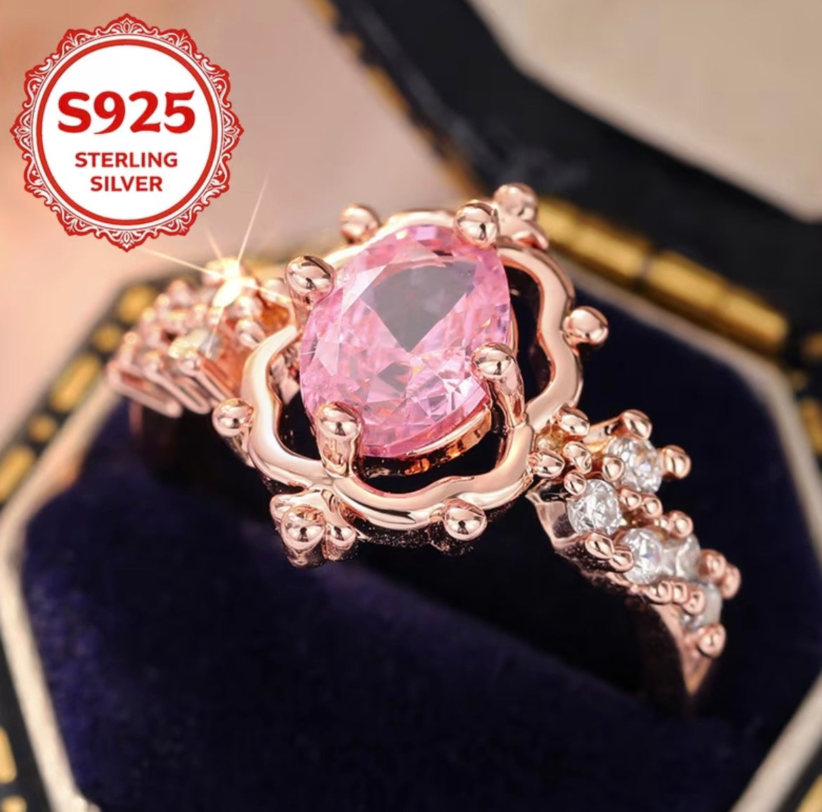 Pink Flower Cluster Gold Ring