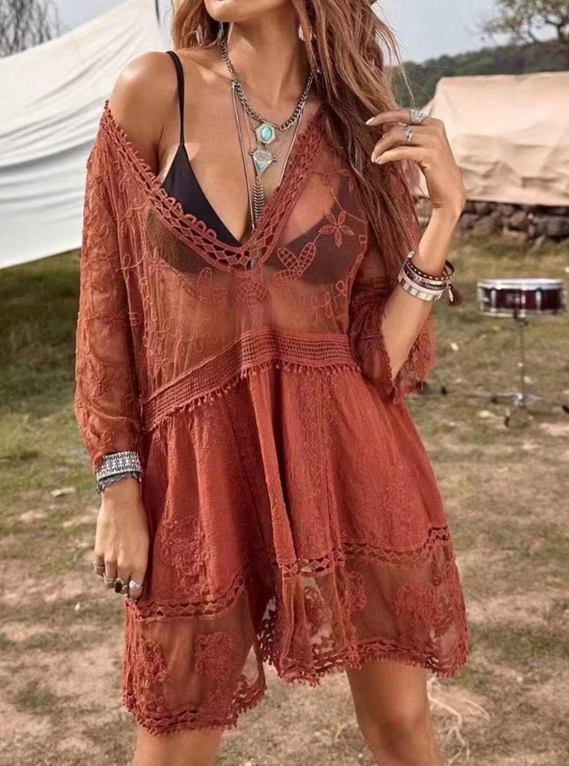 Boho Sheer Lace Mini Dress Cover Up- Red