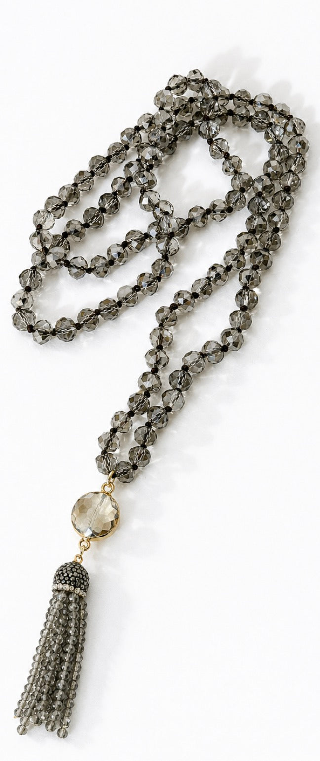 Boho Gem Tassel Necklace: Gray