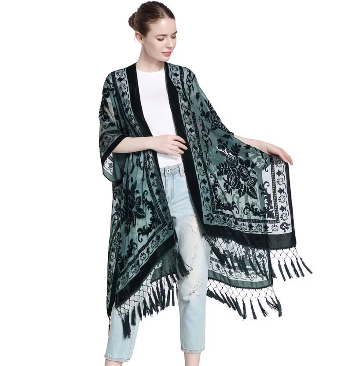 Burnout Velvet Kimono- Dark Green