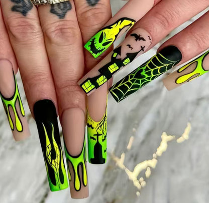 Green Flame Haunted House Nails