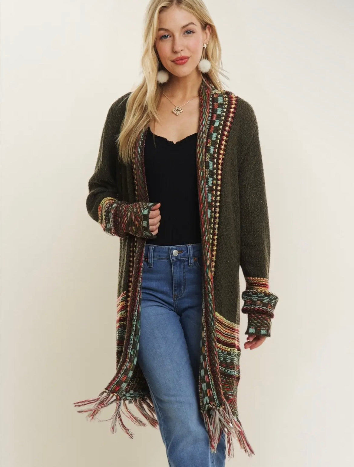 Fringe Hem Cardigan- olive