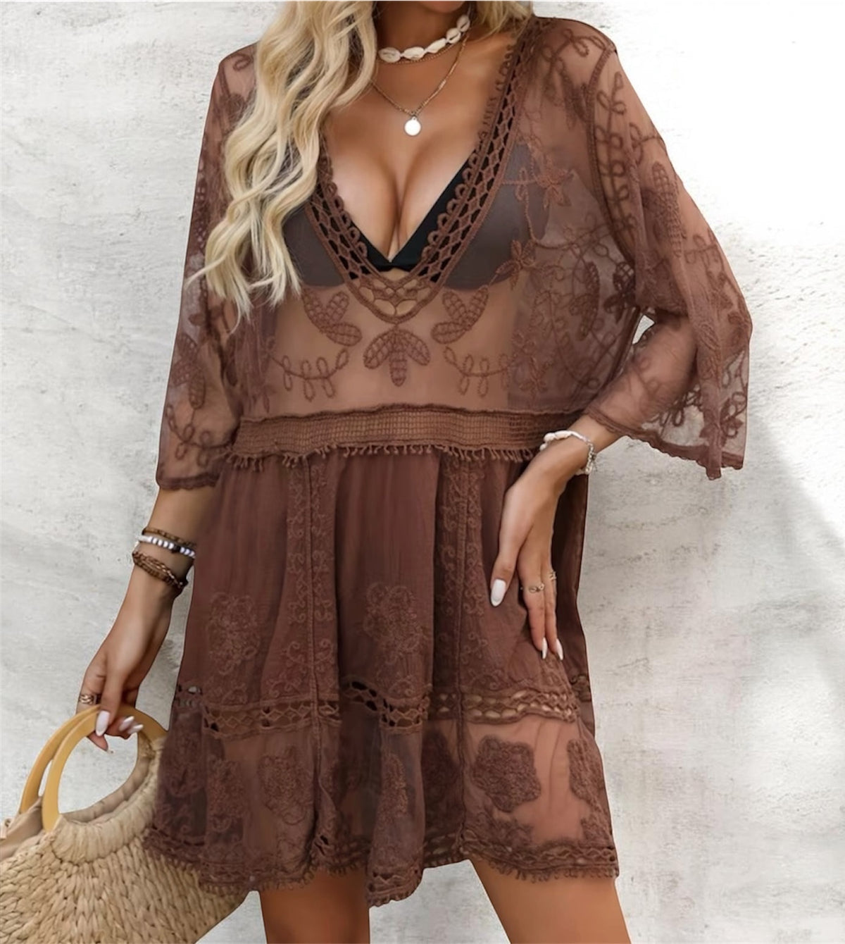 Boho Sheer Lace Mini Dress Cover Up- Brown