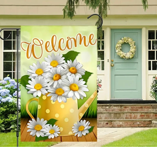 Welcome Daisies watering can Garden Flag