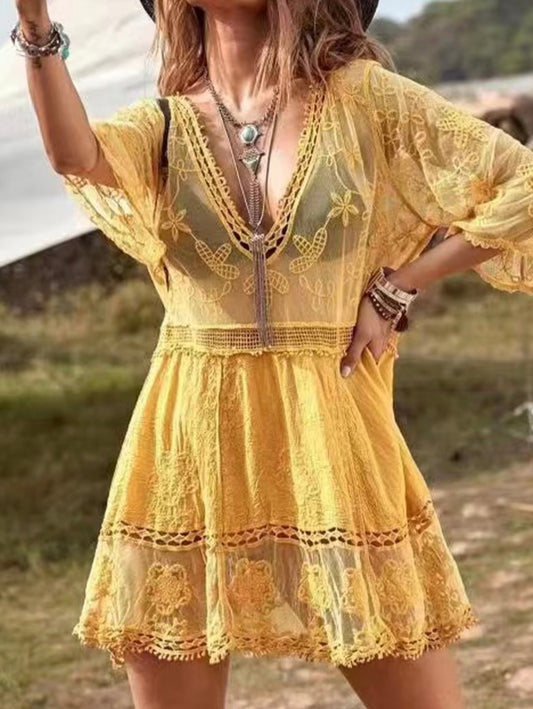 Boho Sheer Lace Mini Dress Cover Up- Yellow