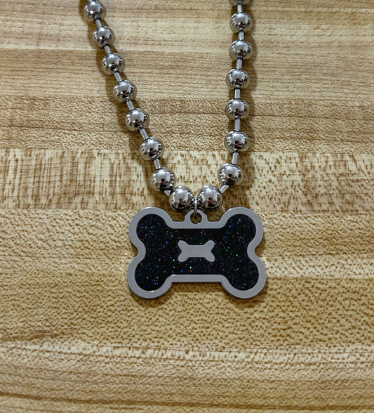 Black Glitter Dog Bone necklace