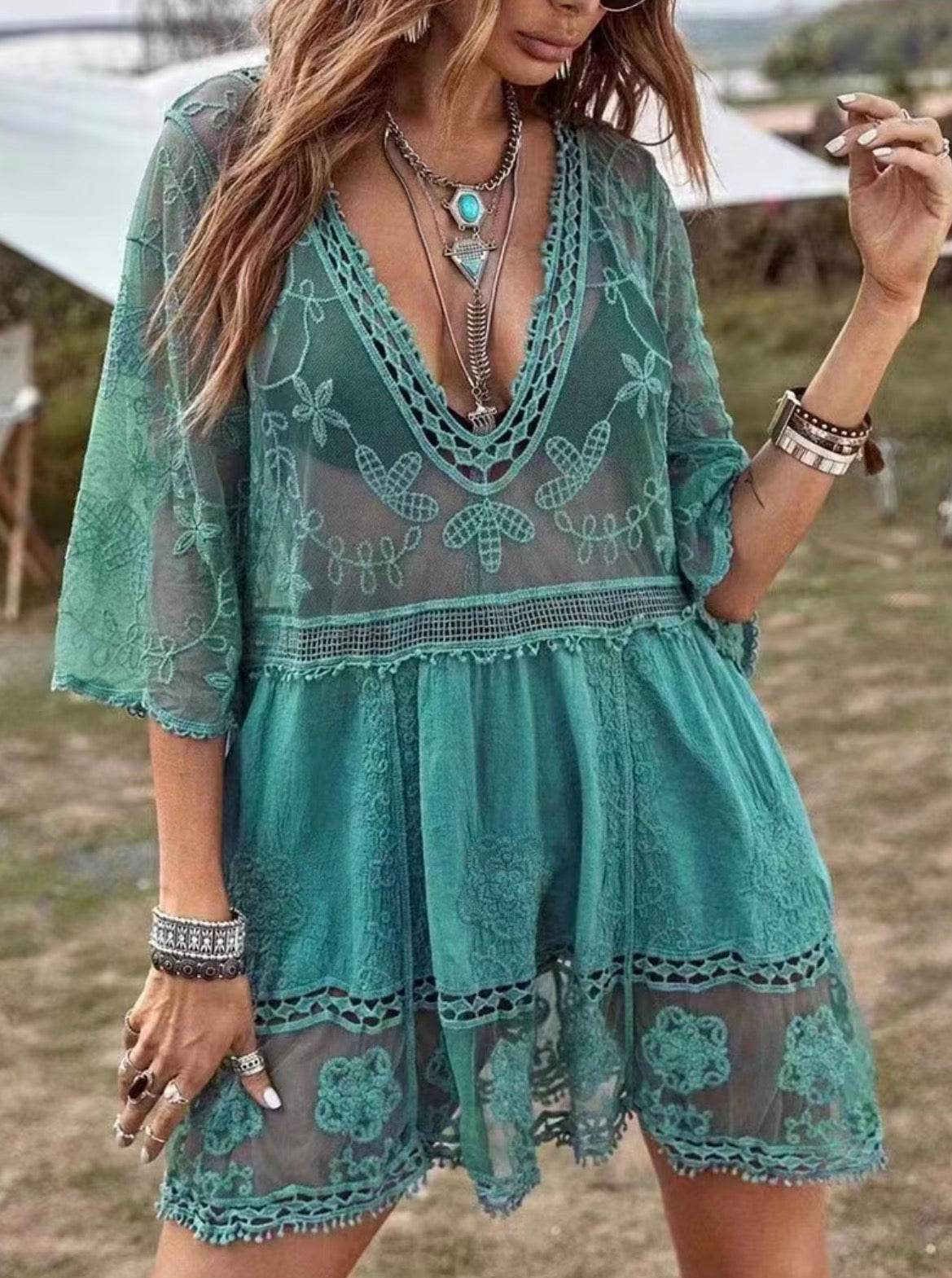 Boho Sheer Lace Mini Dress Cover Up- Green