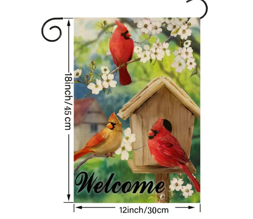 Welcome Birdhouse Cardinals Garden Flag