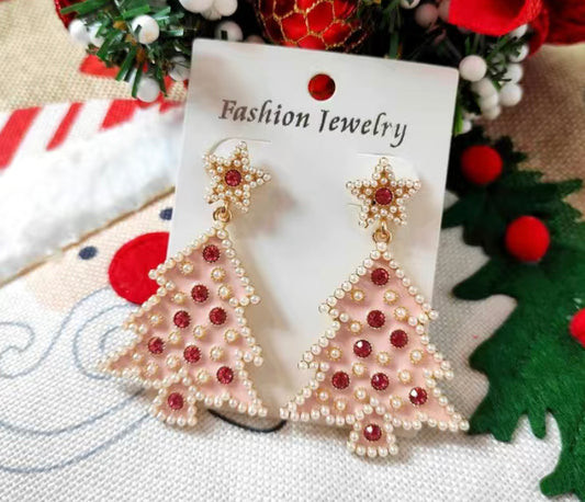 Pink Rhinestone Christmas Earrings