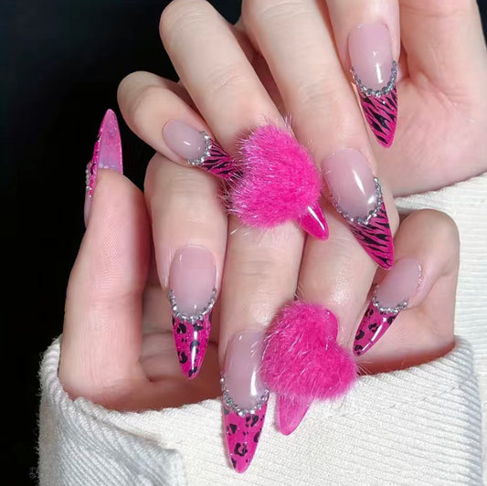 Pink Leopard French Tip Nails