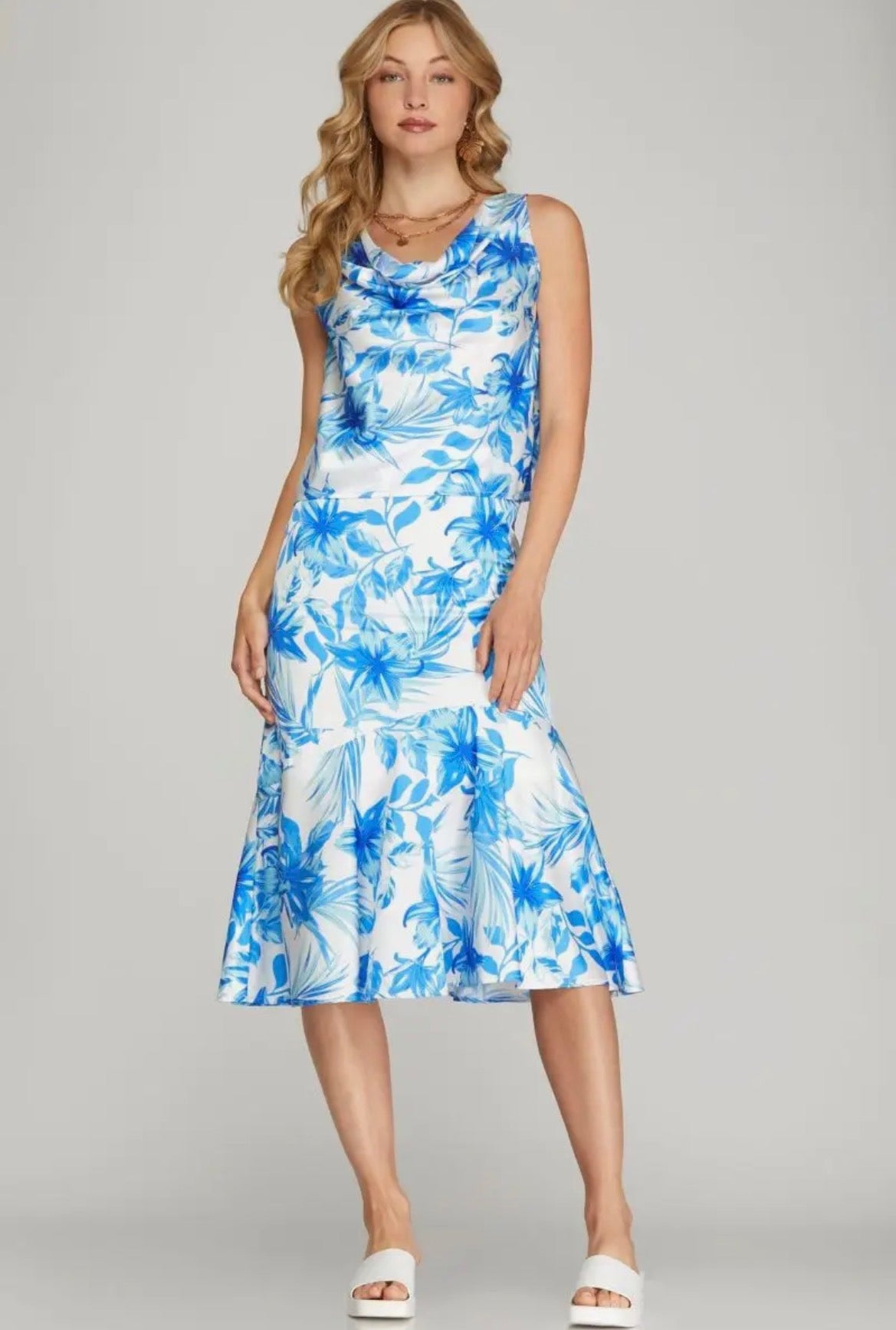 Blue Floral Satin Midi Skirt