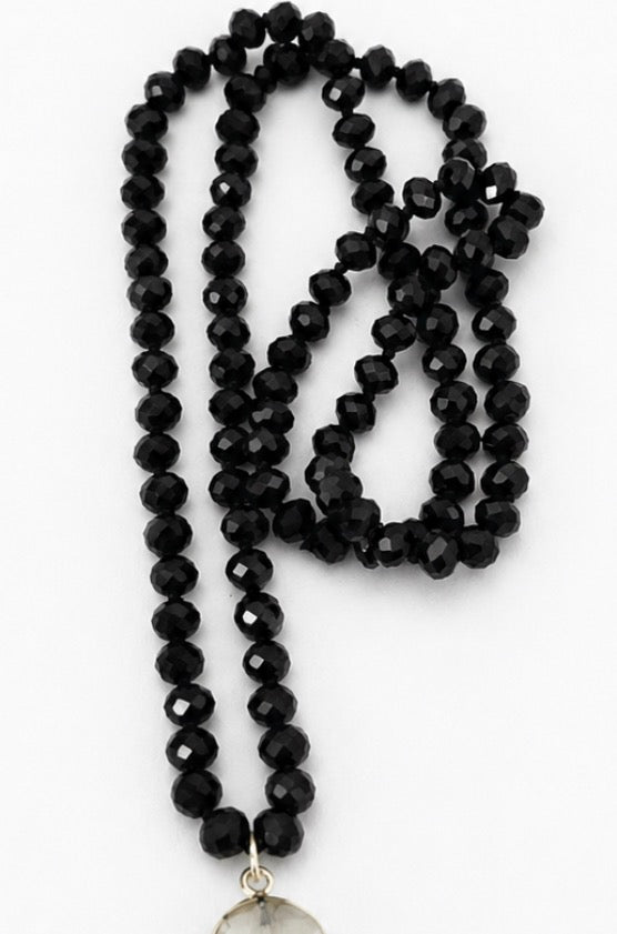 Boho Gem Tassel Necklace: Black
