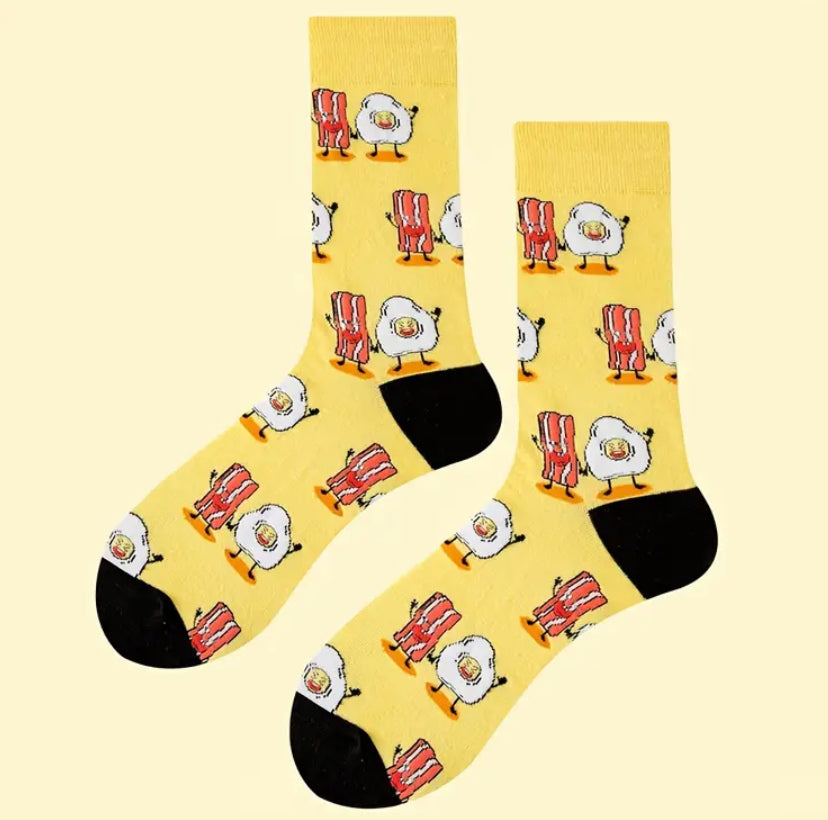 Bacon, Eggs, Socks, Breakfast, Foodie, Culinary, Whimsical, Novelty, Comfort, Cozy, Fun, Quirky, Sunny-side-up, Crispy, Delicious, Unique, Footwear, Gift, Food-inspired, Fashion