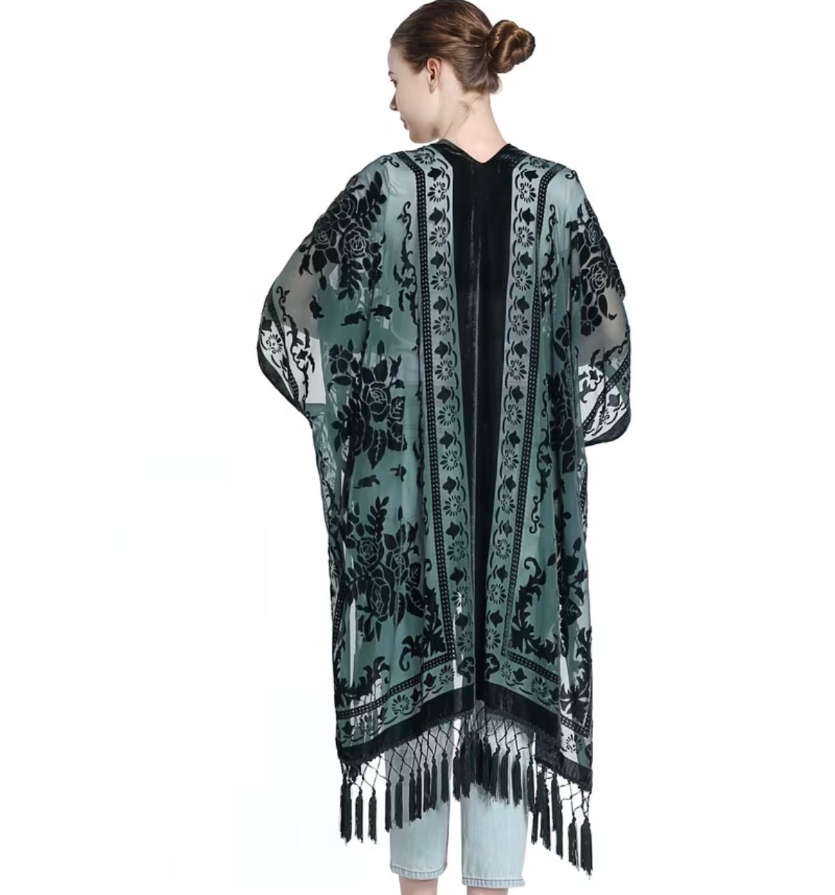 Burnout Velvet Kimono- Dark Green