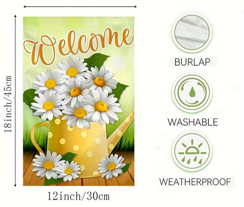 Welcome Daisies watering can Garden Flag