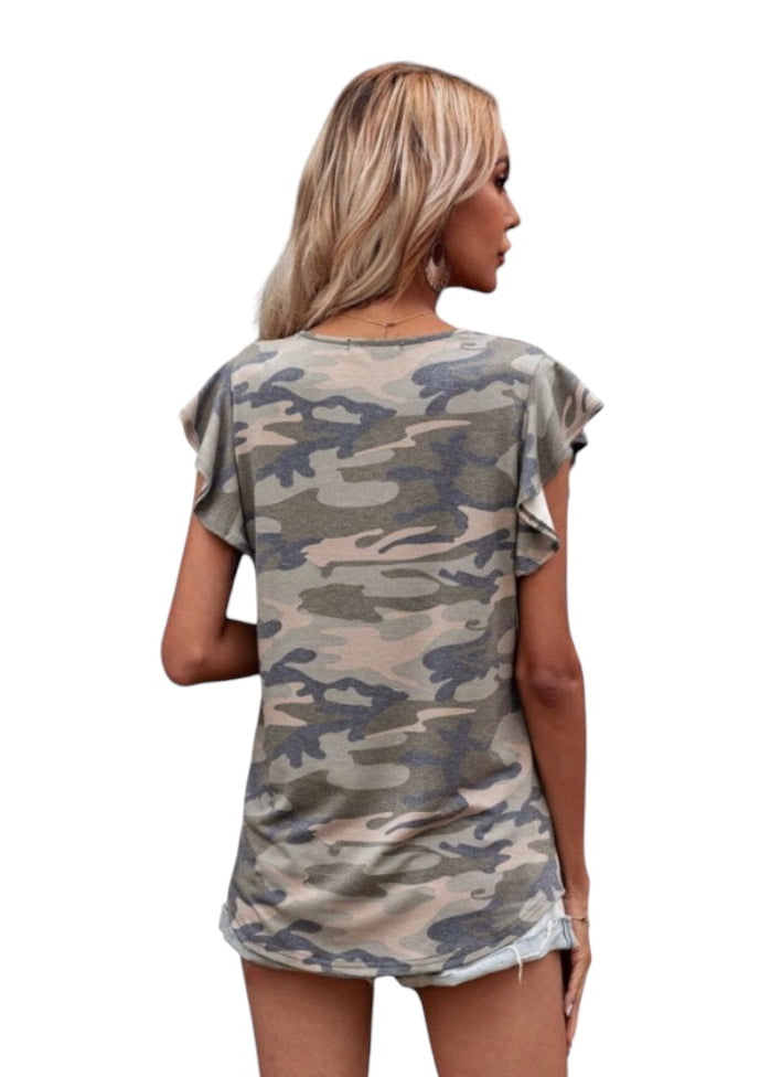 Camo ruffle sleeve top