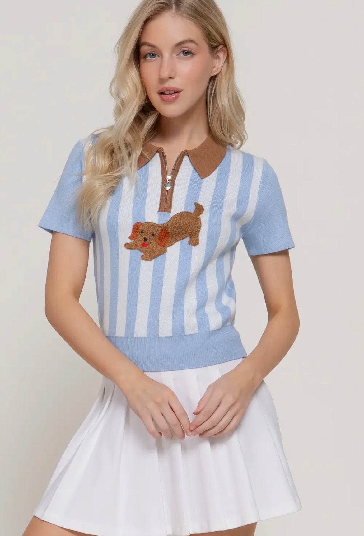 Blue Stripe Knit Polo Top