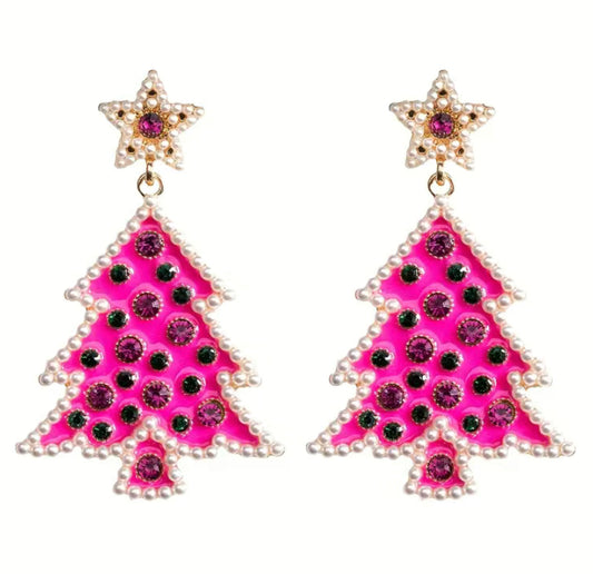 Hot Pink Rhinestone Tree Earrings