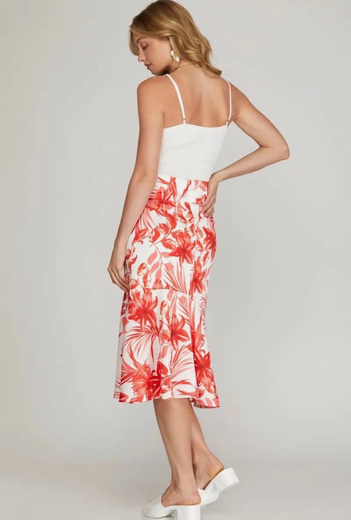 Red Floral Satin Midi Skirt