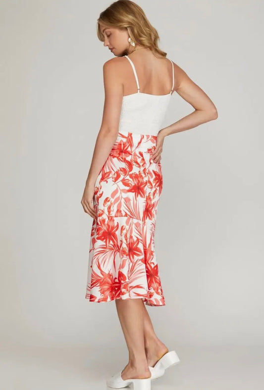 Red Floral Satin Midi Skirt