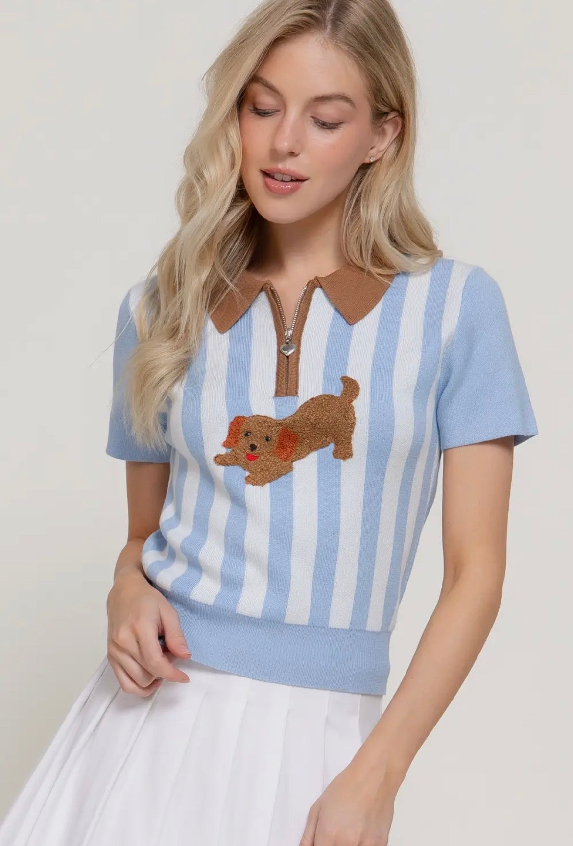 Blue Stripe Knit Polo Top
