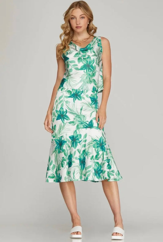 Green Floral Satin Midi Skirt