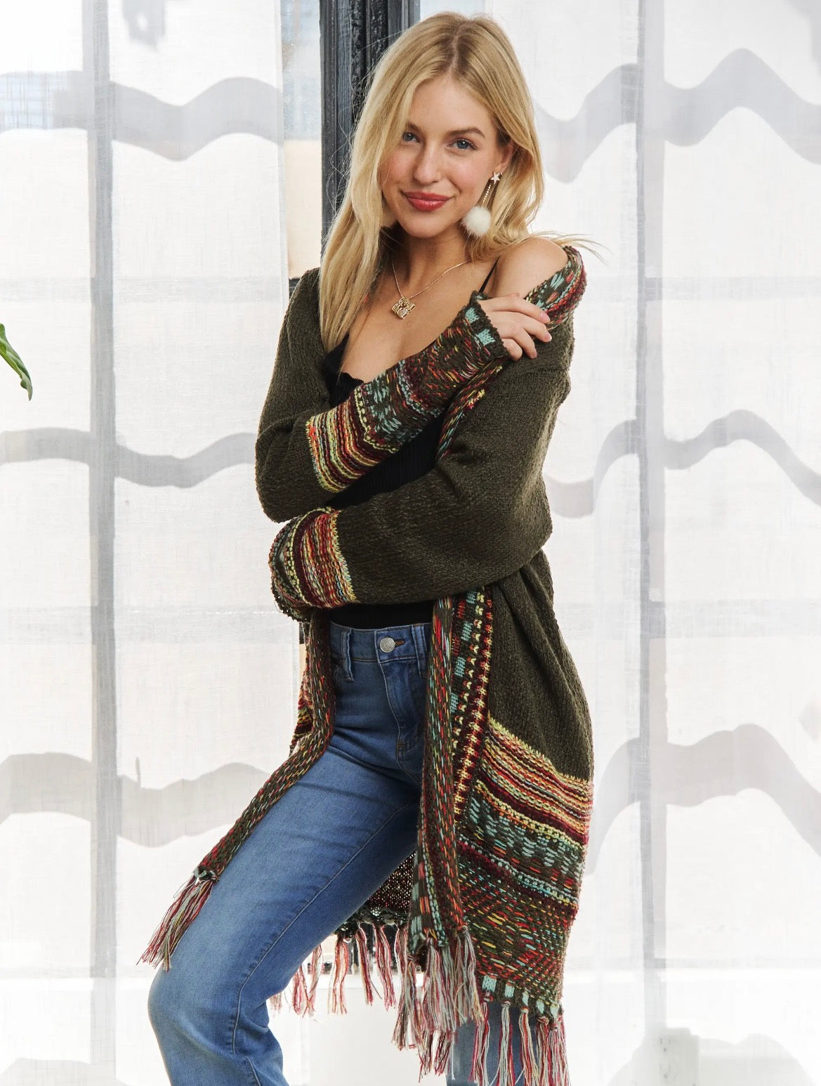 Fringe Hem Cardigan- olive