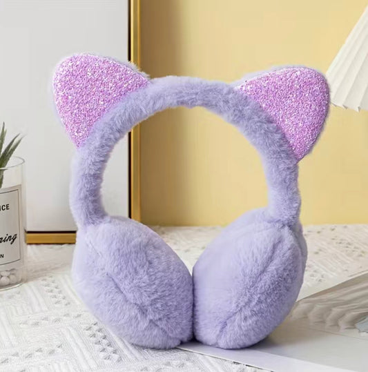 Purple Sequin Cat Ears Earmuffs