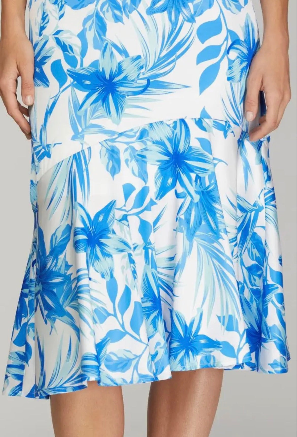 Blue Floral Satin Midi Skirt