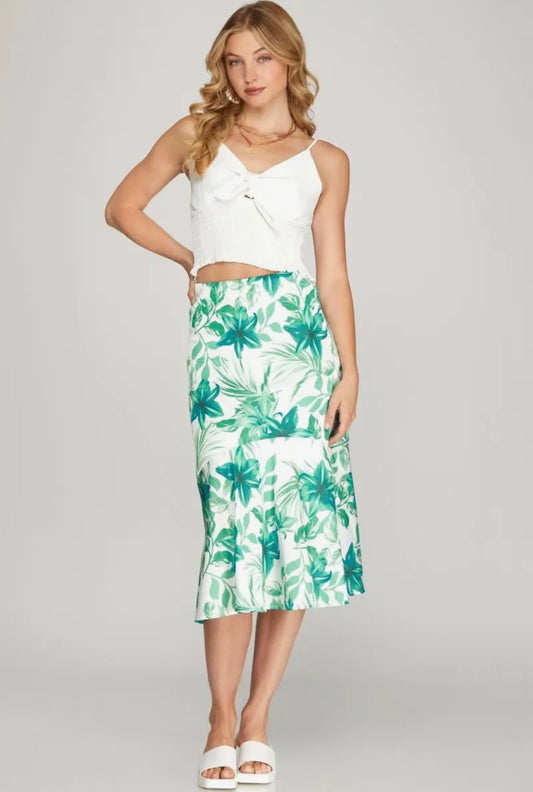 Green Floral Satin Midi Skirt