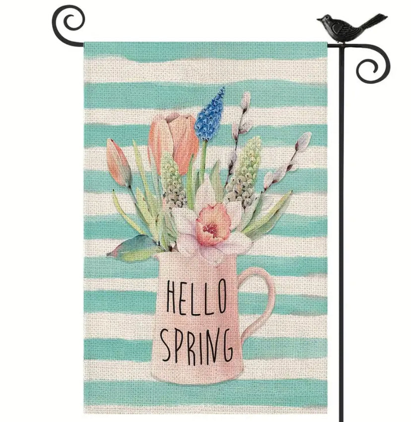 Striped Hello Spring garden flag