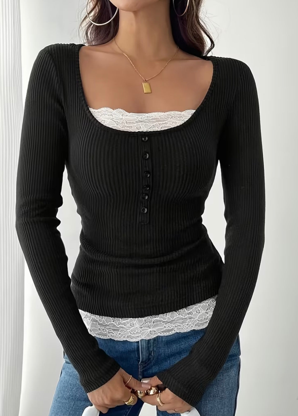 Lace Front Layered Ribbed Long Sleeve