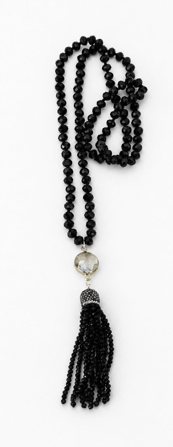 Boho Gem Tassel Necklace: Black