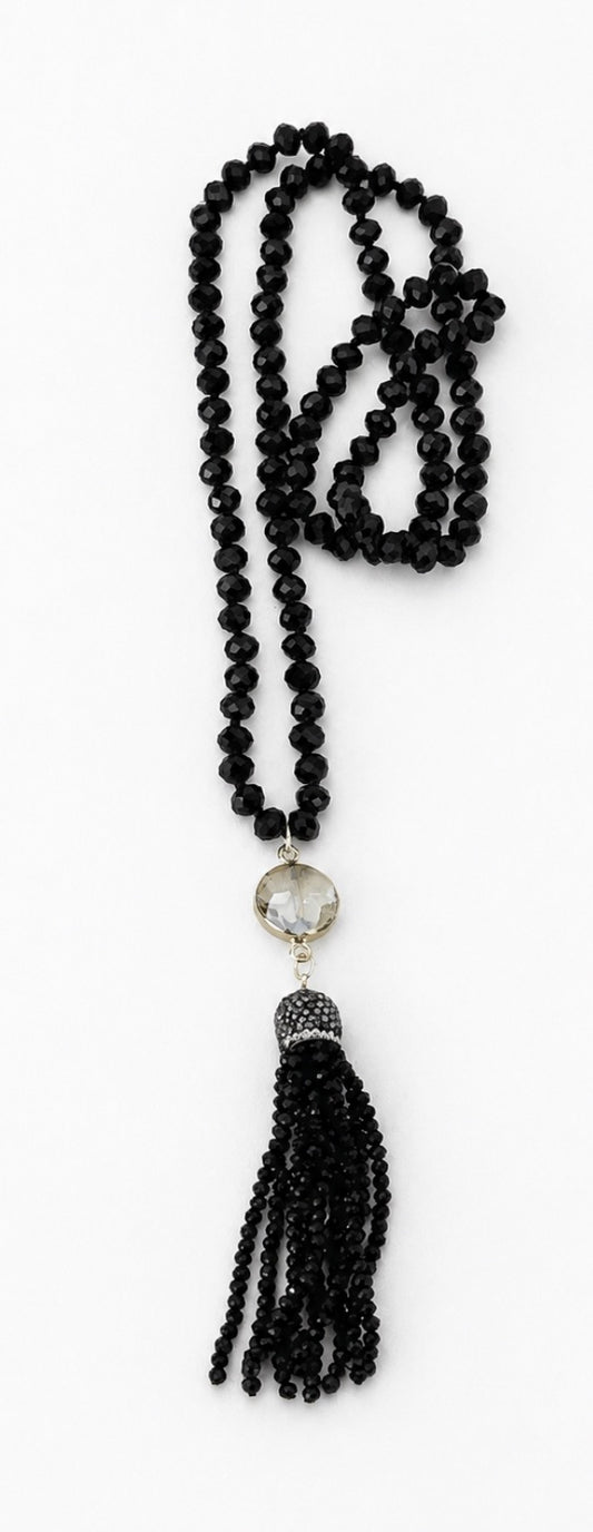 Boho Gem Tassel Necklace: Black