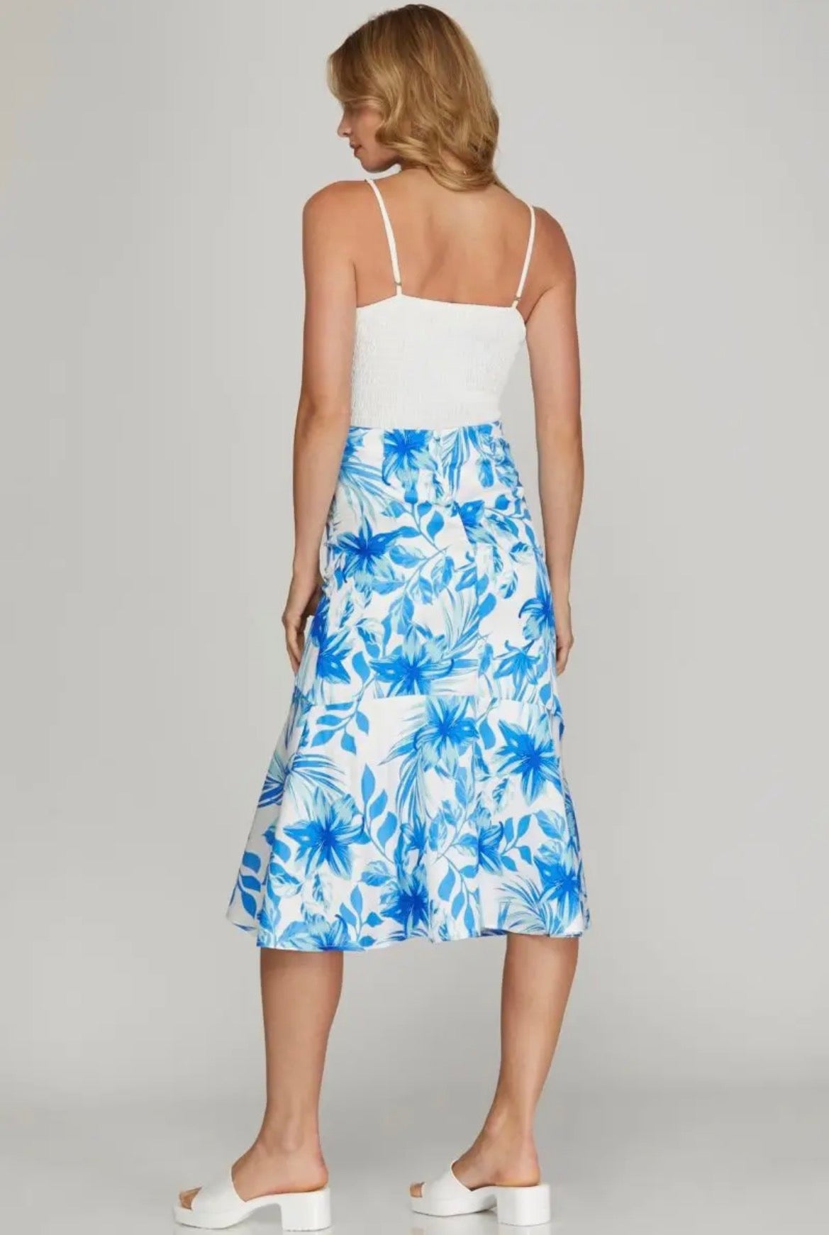 Blue Floral Satin Midi Skirt