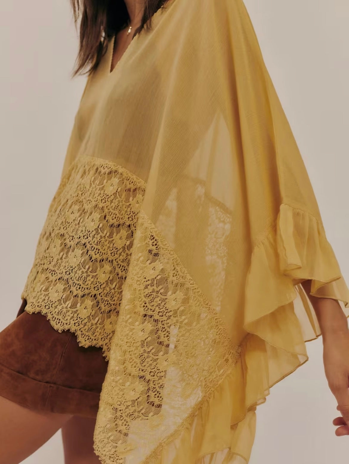 Yellow Lace Ruffle Boho Blouse