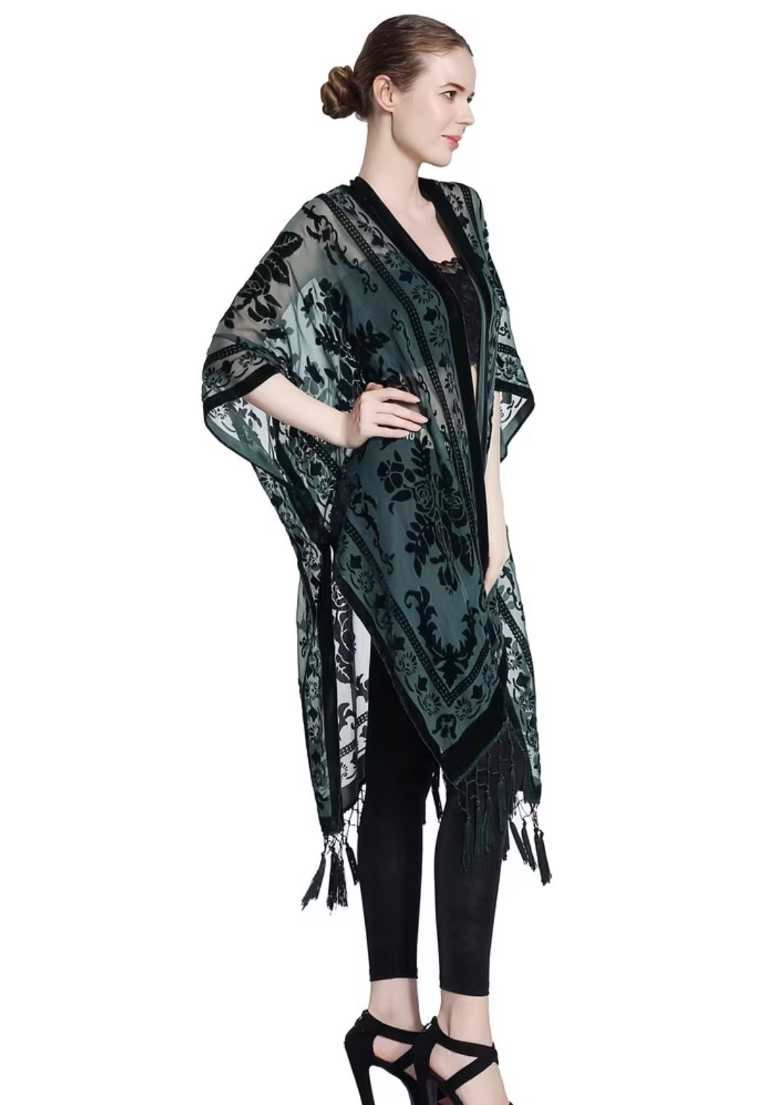 Burnout Velvet Kimono- Dark Green