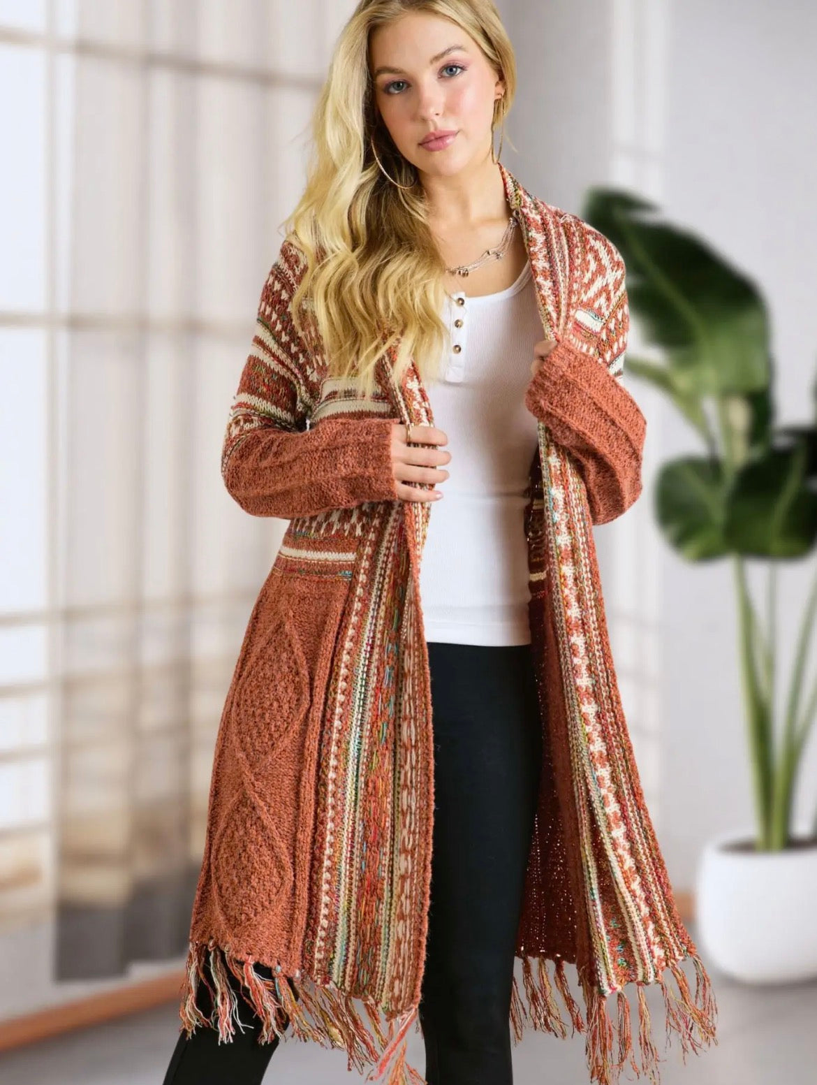 Fringe Tribal Cardigan- rust