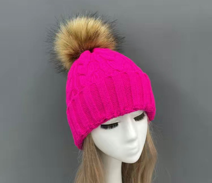 Hot pink pom knit beanie