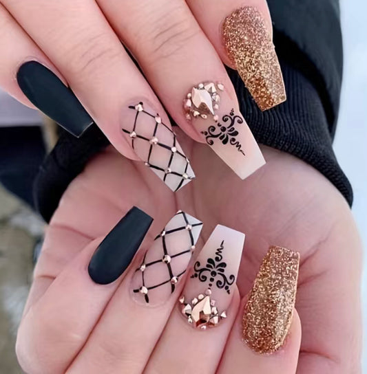 Golden Glitter Nails with Rhinestones