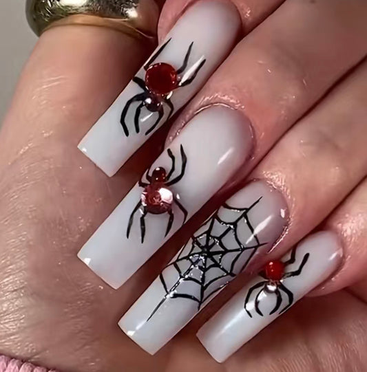 Spider Cobweb & Rhinestone Nails