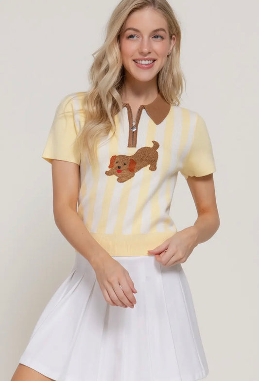 Yellow Stripe Knit Polo Top