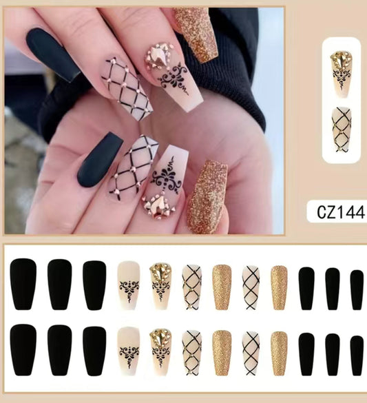 Golden Glitter Nails with Rhinestones