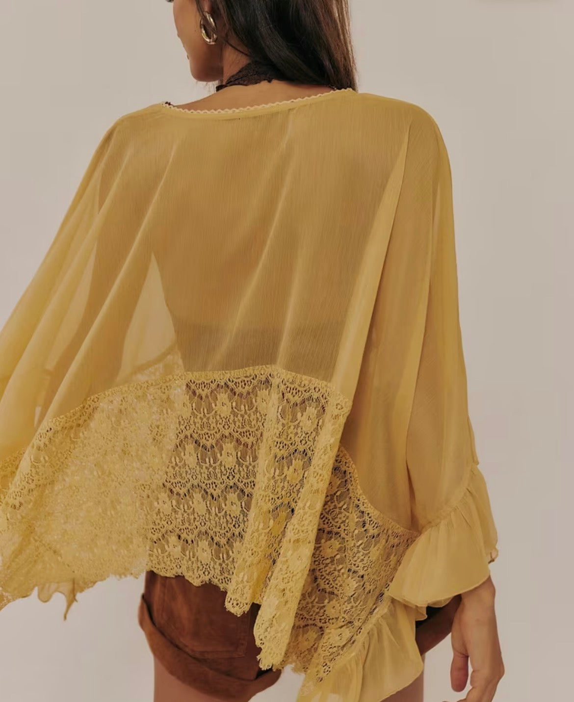 Yellow Lace Ruffle Boho Blouse
